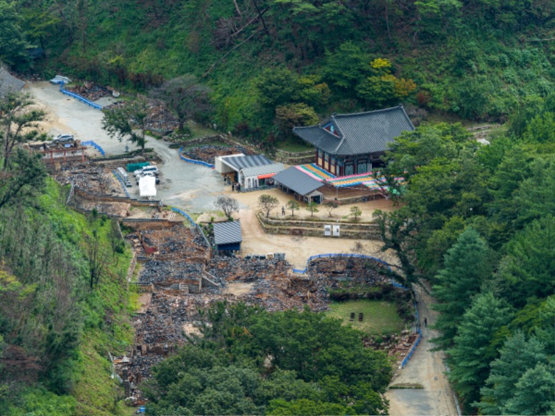 산불로 전소된 누각과 그 뒤로 새롭게 풀이 자라나고 있는 고운사 전경. 사진=그린피스.jpg